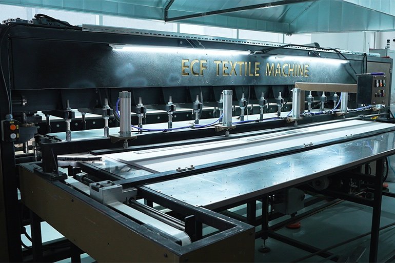 ECF Textile Machine ibareli geniş plise perde kumaşı üretim hattı referans görseli