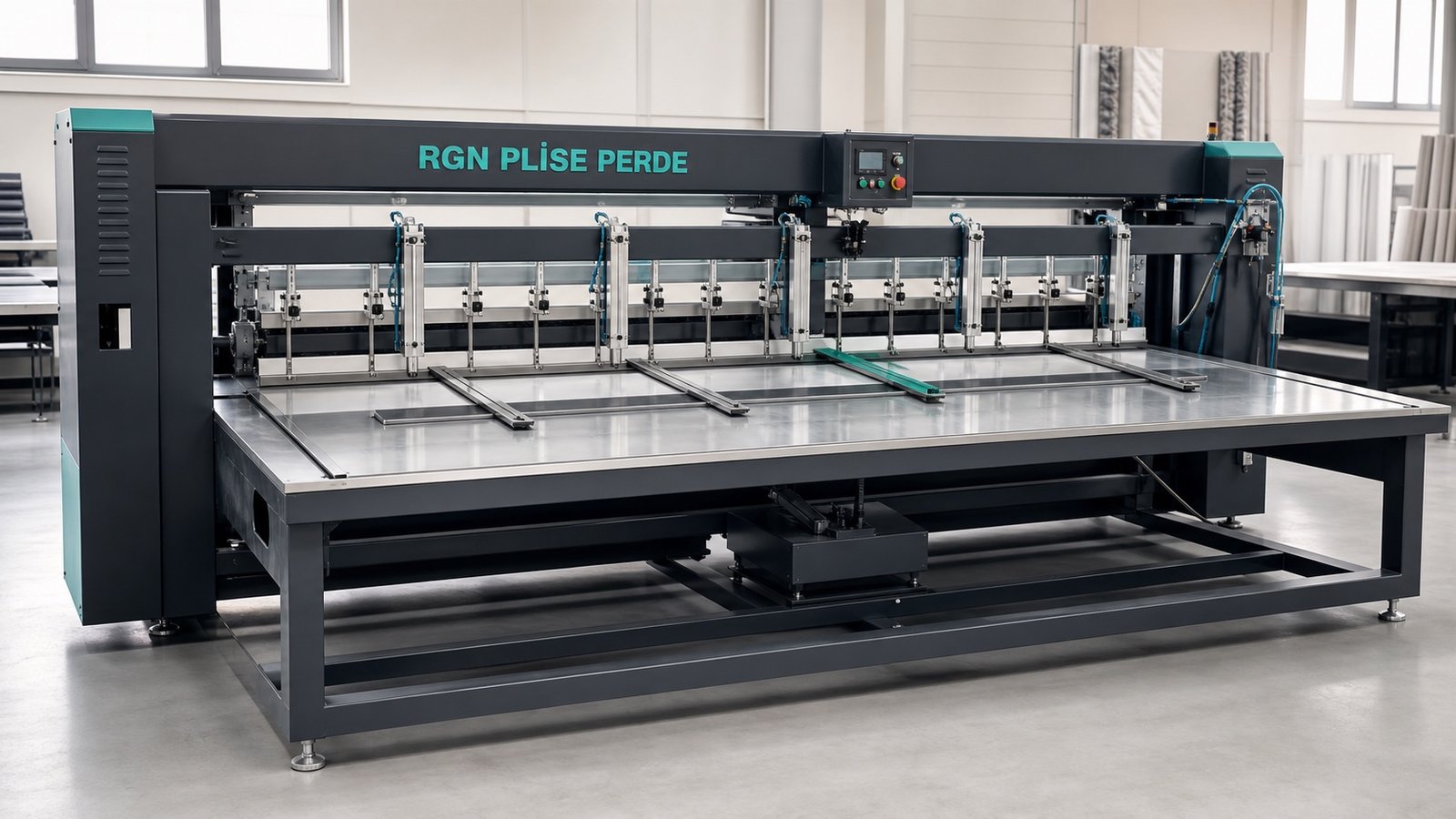 Üzerinde RGN PLİSE PERDE markası bulunan geniş tablalı plise perde kumaşı katlama makinesi